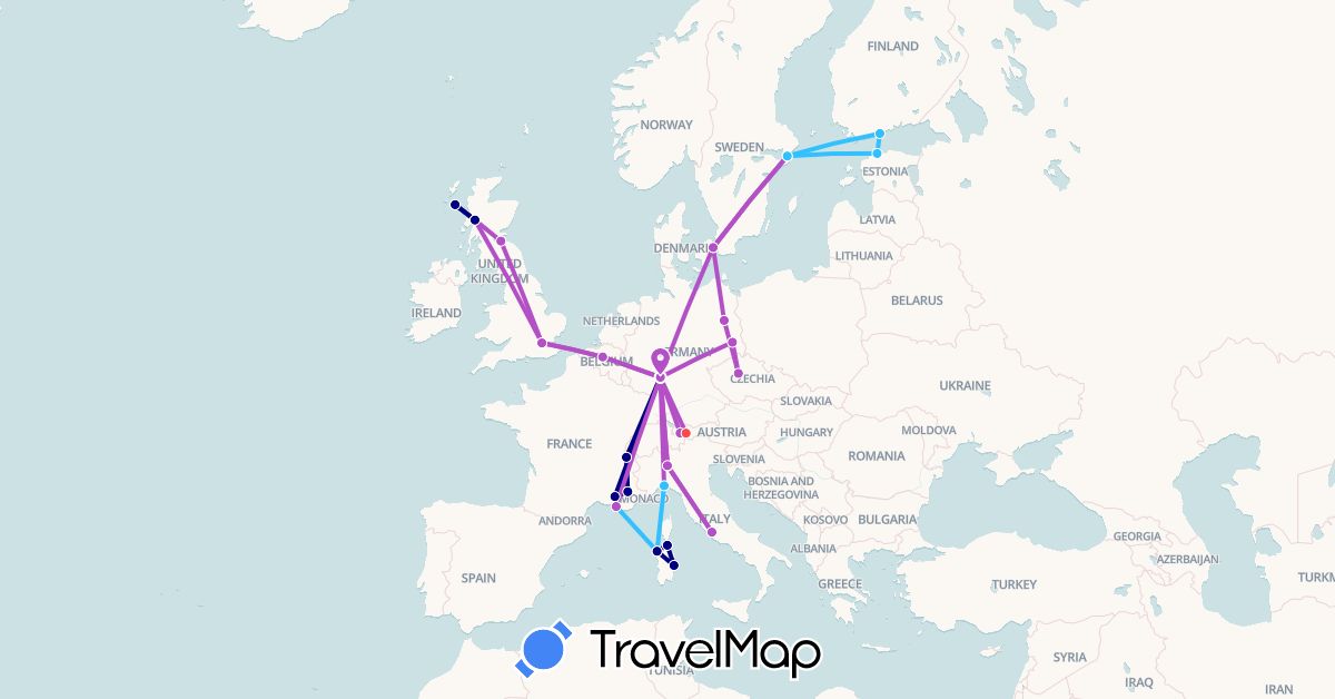 TravelMap itinerary: driving, train, hiking, boat in Austria, Belgium, Czech Republic, Germany, Denmark, Estonia, Finland, France, United Kingdom, Italy, Sweden (Europe)